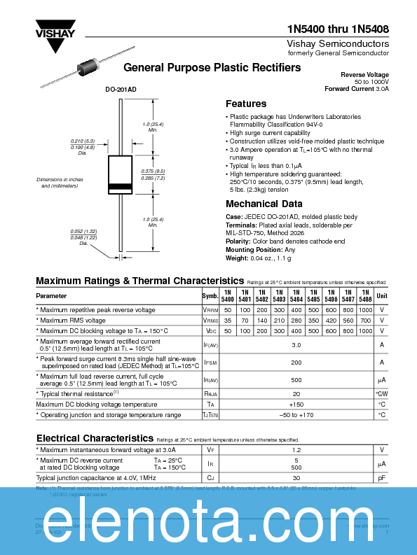 1N5408 Datasheet PDF (27 KB) Vishay | Pobierz z Elenota.pl