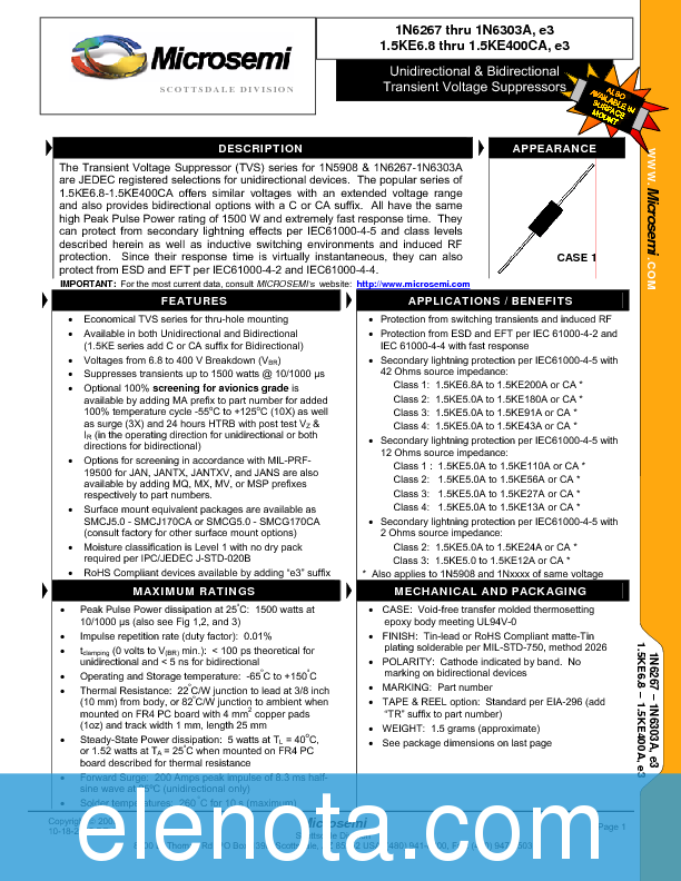 1n6277a datasheet Datasheet) 1n6277a pdf 1n6267a series 1500 watt mosorb™ zener.