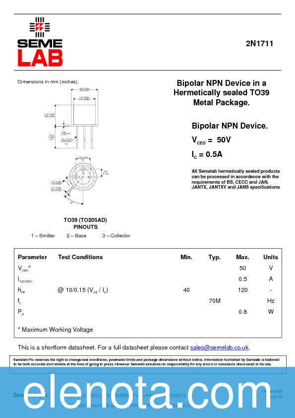 2N1711 Datasheet PDF (11 KB) Semelab | Pobierz z Elenota.pl