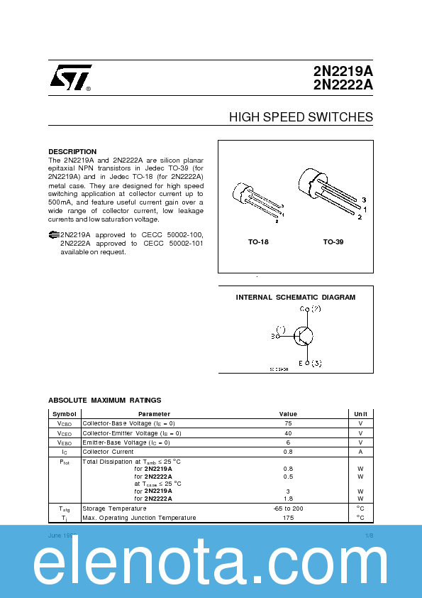 2N2222A Datasheet PDF (74 KB) STMicroelectronics | Pobierz z Elenota.pl