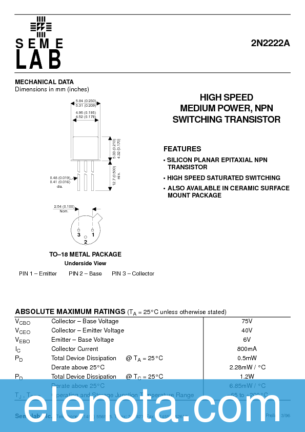 2N2222A Datasheet PDF (14 KB) Semelab | Pobierz z Elenota.pl