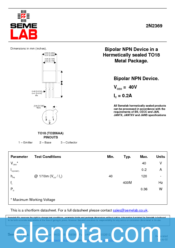 2N2369 Datasheet PDF (10 KB) Semelab | Pobierz z Elenota.pl