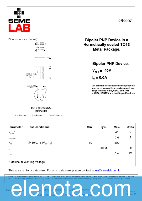 2N2907 Datasheet PDF (11 KB) Semelab | Pobierz z Elenota.pl