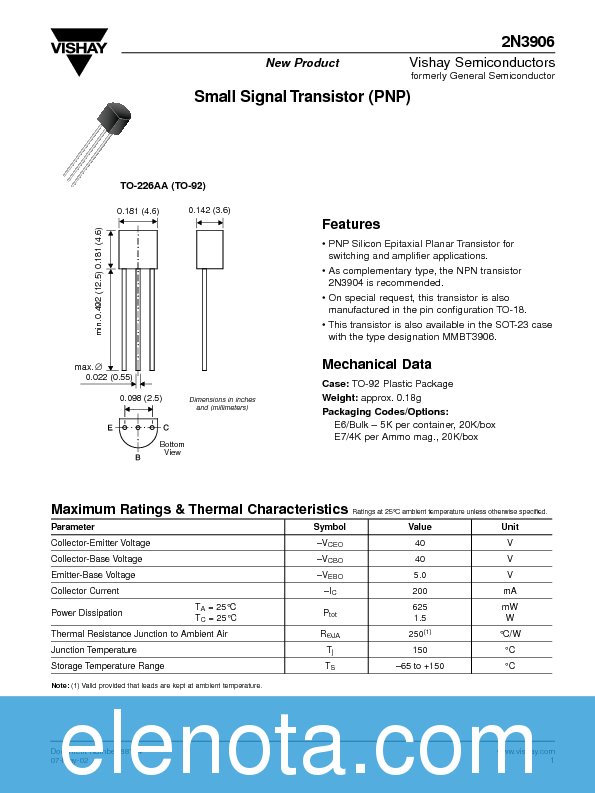 2N3906 Datasheet PDF (37 KB) Vishay | Pobierz z Elenota.pl
