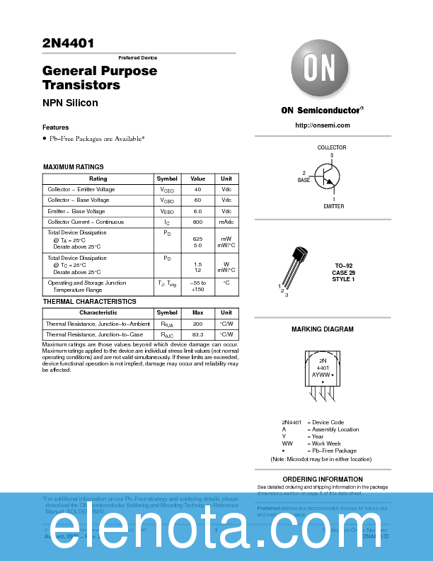 2N4401 Datasheet PDF (127 KB) ON Semiconductor | Pobierz z Elenota.pl