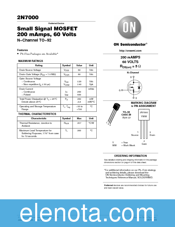 2N7000 Datasheet PDF (56 KB) ON Semiconductor | Pobierz z Elenota.pl
