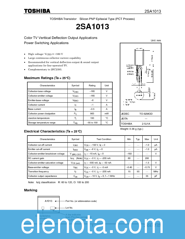 2SA1013 Datasheet PDF (161 KB) Toshiba | Pobierz z Elenota.pl