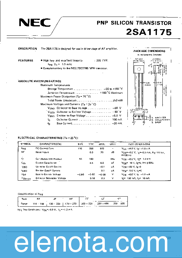2SA1175 Datasheet PDF (226 KB) NEC | Pobierz z Elenota.pl