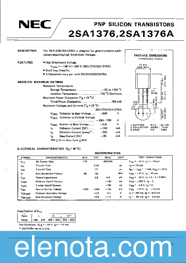 2SA1376 Datasheet PDF (165 KB) NEC | Pobierz z Elenota.pl