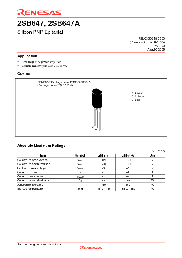 2SB647 Datasheet PDF (66 KB) Renesas | Pobierz z Elenota.pl