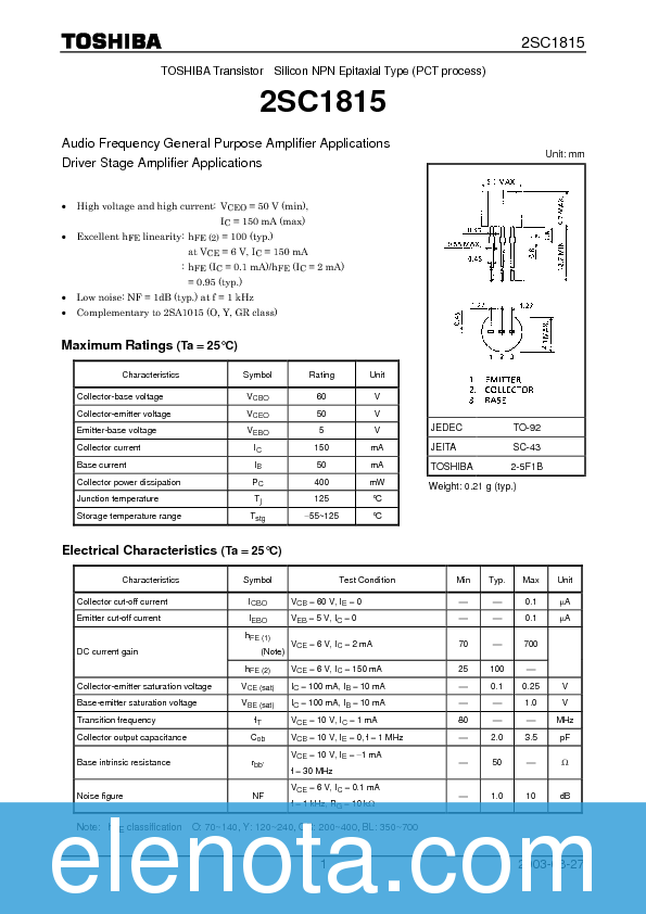 2sc1815 datasheet pdf 140 kb toshiba pobierz z elenota pl 2sc1815 data sheet