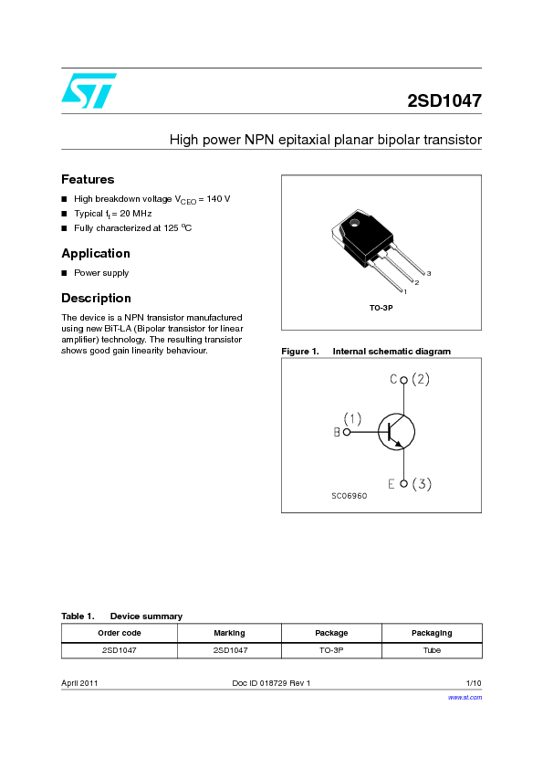 2SD1047 Datasheet PDF (169 KB) STMicroelectronics | Pobierz z Elenota.pl