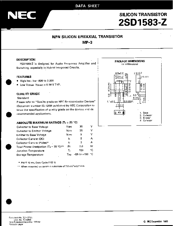 2SD1583 Datasheet PDF (221 KB) NEC | Pobierz z Elenota.pl