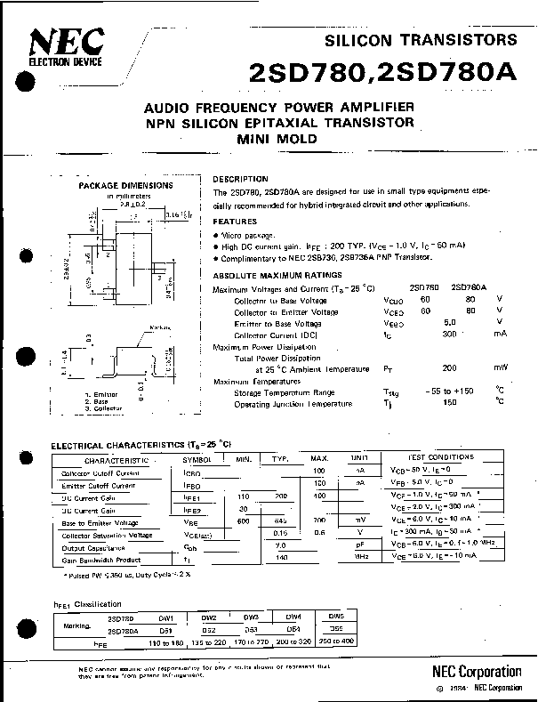 2SD780A Datasheet PDF (179 KB) NEC | Pobierz z Elenota.pl