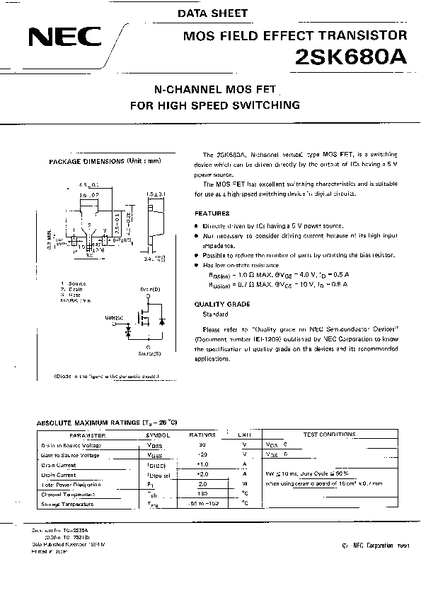 2SK680A Datasheet PDF (318 KB) NEC | Pobierz z Elenota.pl