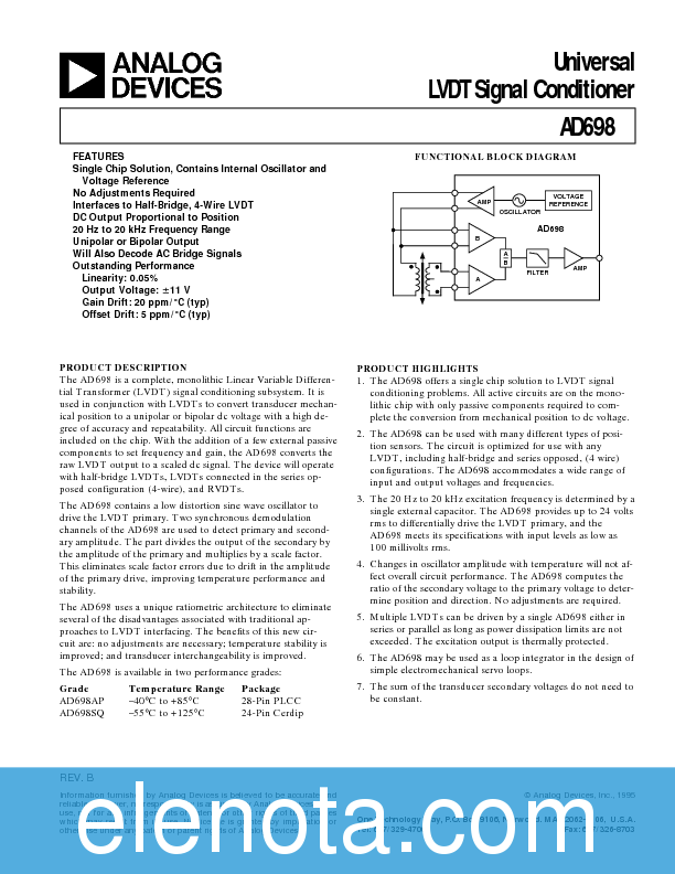 AD698 Datasheet PDF (230 KB) Analog Devices Pobierz z Elenota.pl