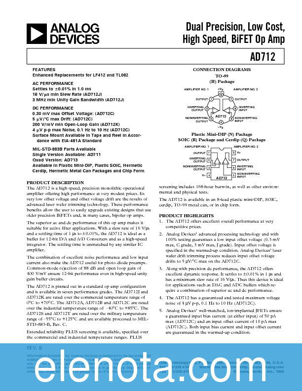 AD712 Datasheet PDF (636 KB) Analog Devices | Pobierz z Elenota.pl