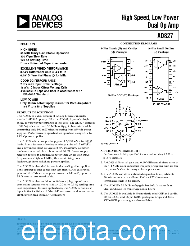 AD827 Datasheet PDF (337 KB) Analog Devices | Pobierz z Elenota.pl