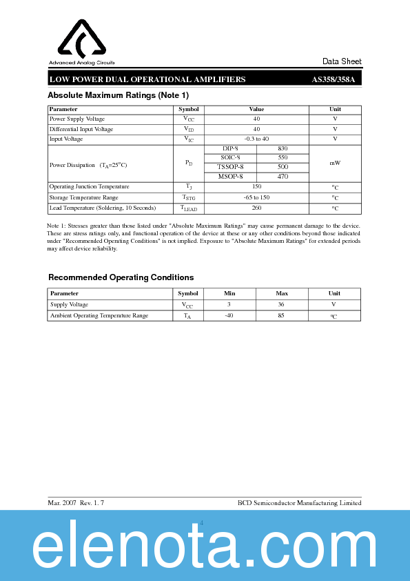 AS358 Datasheet PDF (283 KB) Advanced Analog Circuits | Pobierz z ...