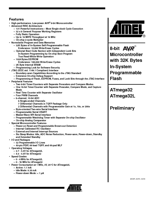 ATMEGA32 Datasheet PDF (4.13 MB) Atmel | Pobierz z Elenota.pl