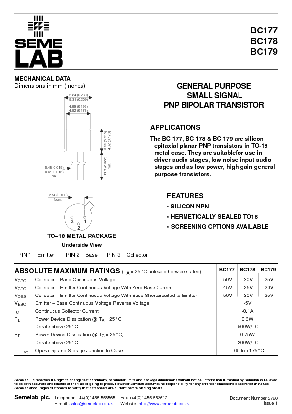 BC177 Datasheet PDF (22 KB) Semelab | Pobierz z Elenota.pl
