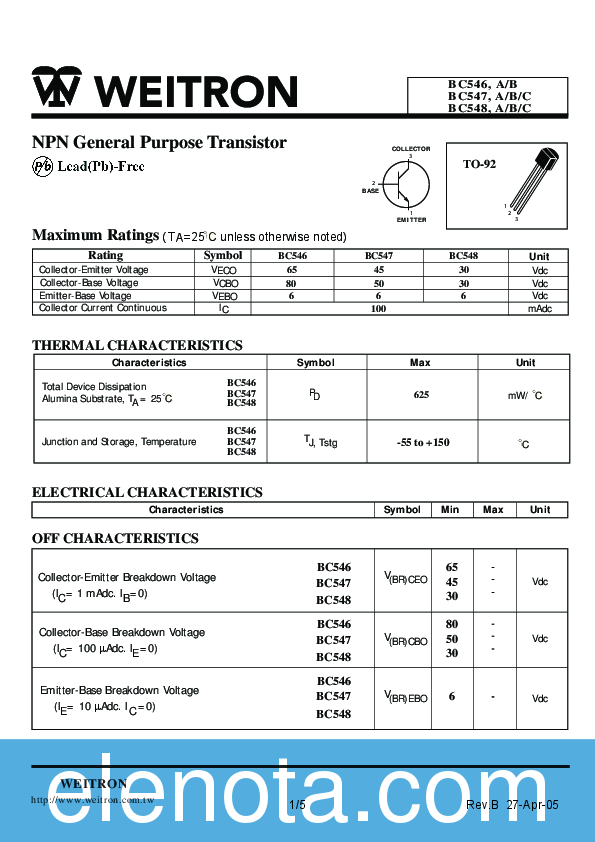 BC546 Datasheet PDF (1.92 MB) Weitron Technology | Pobierz z Elenota.pl