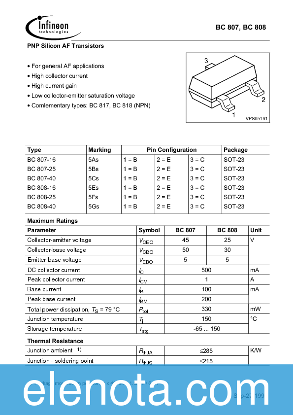 BC807-40 Datasheet PDF (99 KB) Infineon | Pobierz z Elenota.pl