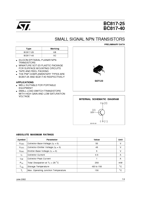 BC817-40 Datasheet PDF (56 KB) STMicroelectronics | Pobierz z Elenota.pl