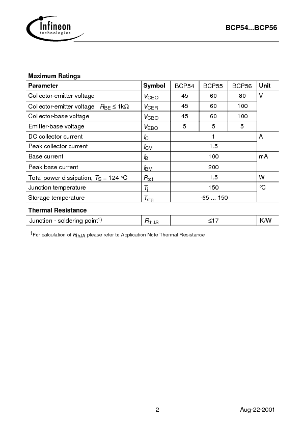 BCP54 Datasheet PDF (48 KB) Infineon | Pobierz z Elenota.pl