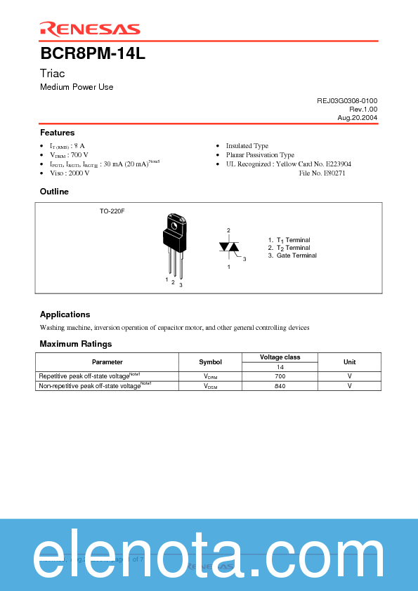 BCR8PM-14L Datasheet PDF (141 KB) Renesas | Pobierz z Elenota.pl