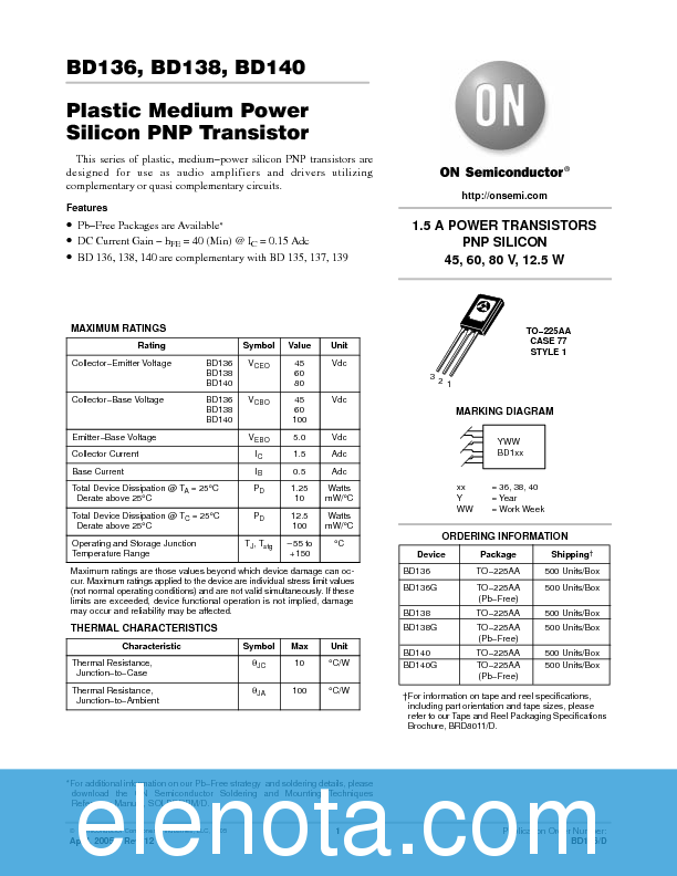 BD140 Datasheet PDF (38 KB) ON Semiconductor Pobierz z Elenota.pl