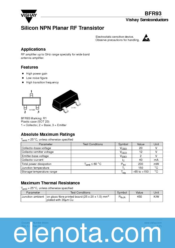 BFR93 Datasheet PDF (128 KB) Vishay | Pobierz z Elenota.pl