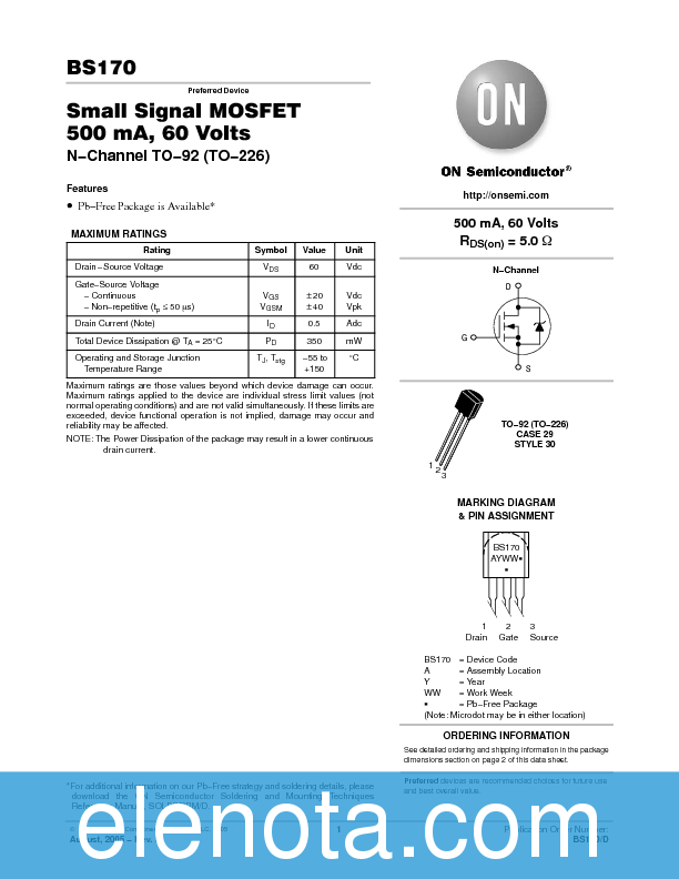 BS170 Datasheet PDF (58 KB) ON Semiconductor Pobierz z Elenota.pl