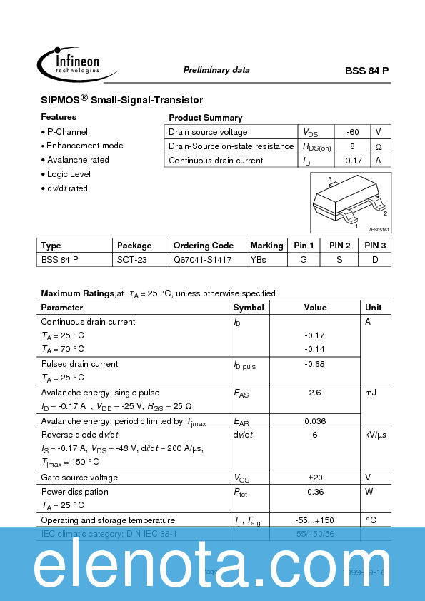 BSS84 Datasheet PDF (87 KB) Infineon | Pobierz z Elenota.pl