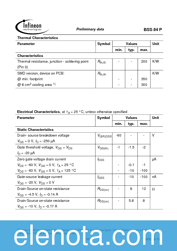 BSS84 Datasheet PDF (87 KB) Infineon | Pobierz z Elenota.pl