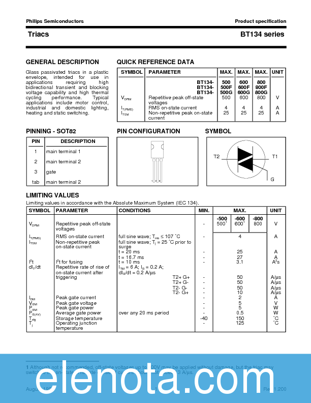 BT134 Datasheet PDF (39 KB) Philips | Pobierz z Elenota.pl