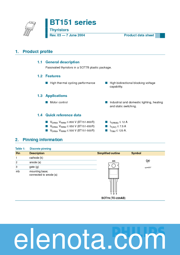 BT151 Datasheet PDF (68 KB) Philips | Pobierz z Elenota.pl