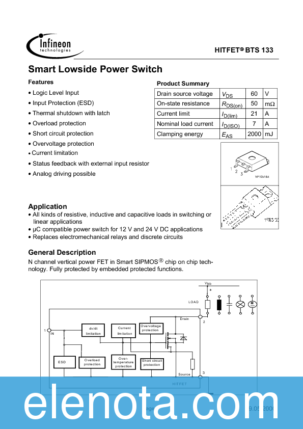 BTS133 Datasheet PDF (198 KB) Infineon | Pobierz z Elenota.pl