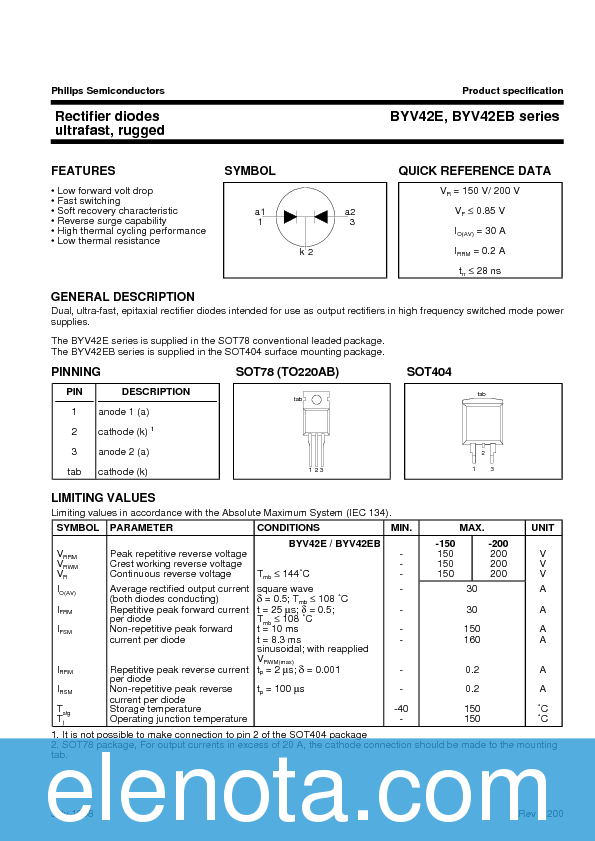 BYV42E Datasheet PDF (45 KB) Philips | Pobierz z Elenota.pl