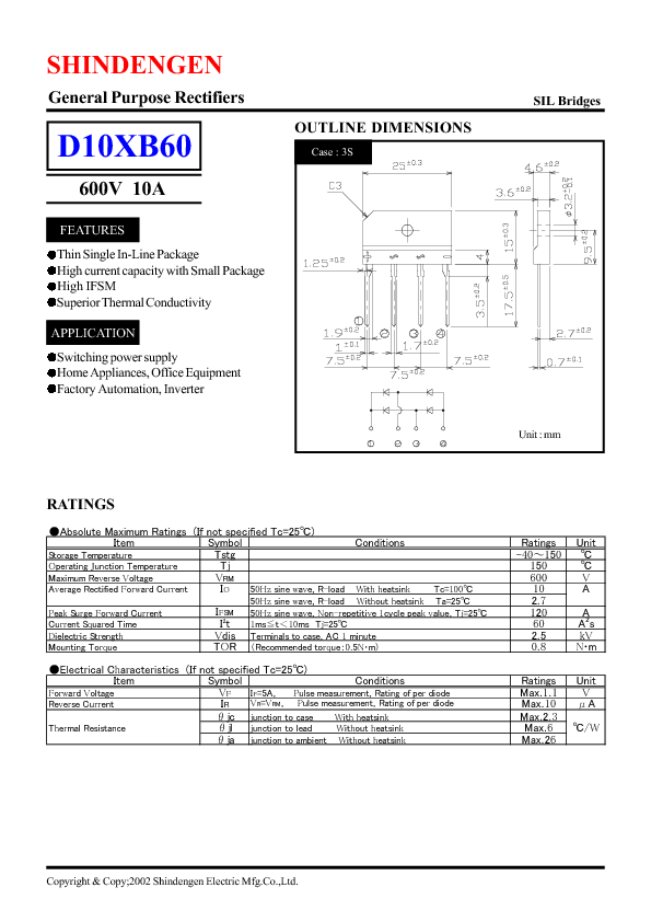 D10XB60 Datasheet PDF (191 KB) Shindengen | Pobierz z Elenota.pl