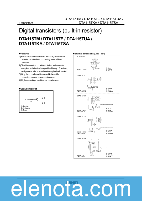 DTA115TE Datasheet PDF (59 KB) Rohm | Pobierz z Elenota.pl