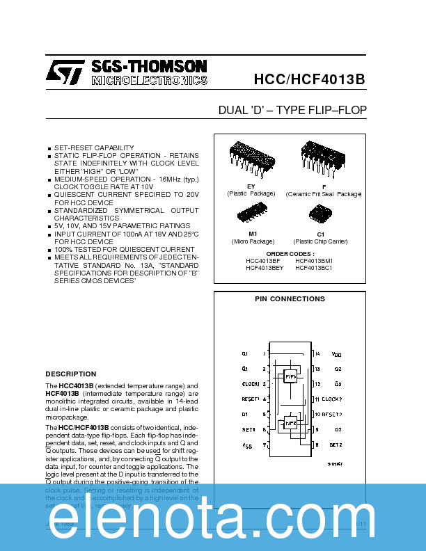 HCC/HCF4013B Datasheet PDF (280 KB) SGS Thomson Microelectronics ...