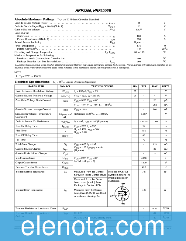 HRF3205 Datasheet PDF (191 KB) Fairchild | Pobierz z Elenota.pl