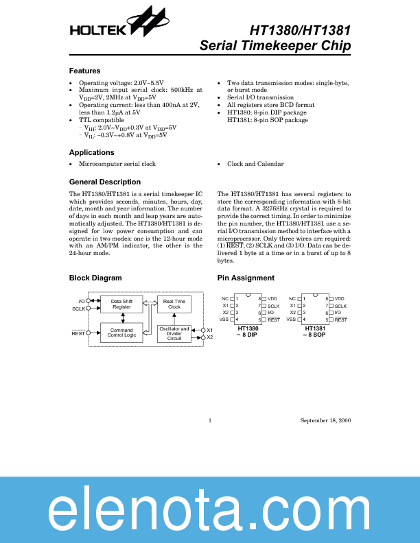 HT1381 Datasheet PDF (135 KB) Holtek | Pobierz z Elenota.pl