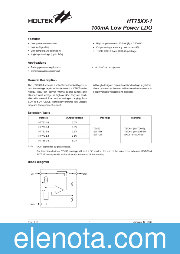 HT7533-1 Datasheet PDF (154 KB) Holtek | Pobierz z Elenota.pl