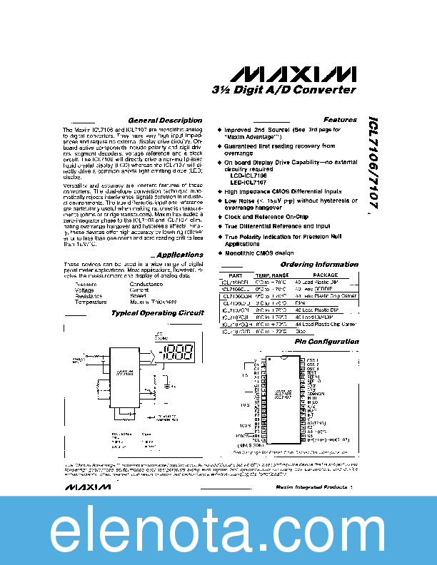ICL7106 Datasheet PDF (544 KB) Maxim | Pobierz z Elenota.pl
