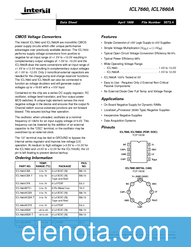 ICL7660 Datasheet PDF (128 KB) Intersil | Pobierz z Elenota.pl