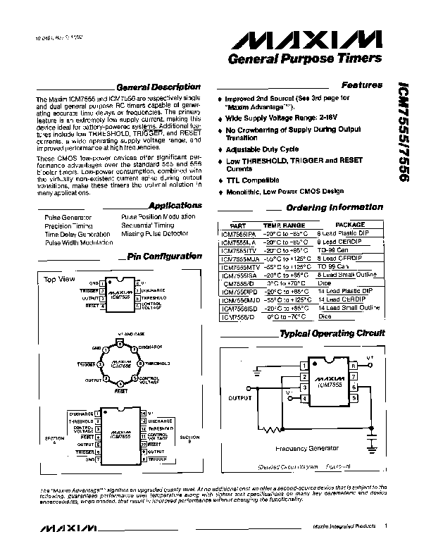 ICM7555 Datasheet PDF (326 KB) Maxim | Pobierz z Elenota.pl