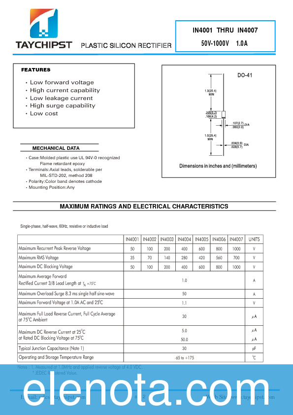 IN4001 Datasheet PDF (5.01 MB) Shenzhen Taychipst Electronic Pobierz