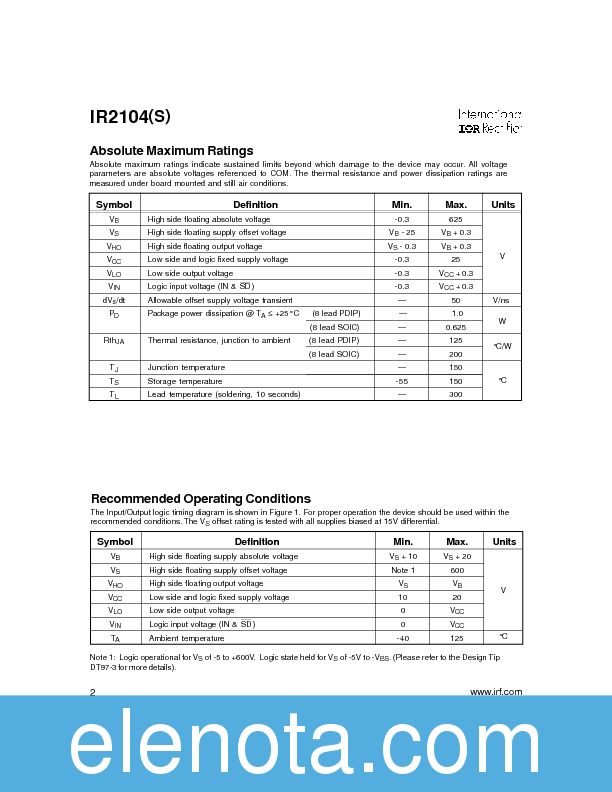 IR2104(S) Datasheet PDF (123 KB) International Rectifier | Pobierz z ...